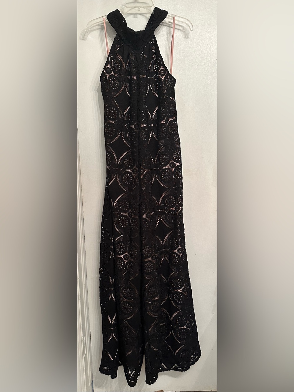 Judith March Black Eyelet Lace Halter-Neck Wide-Leg Jumpsuit Size S